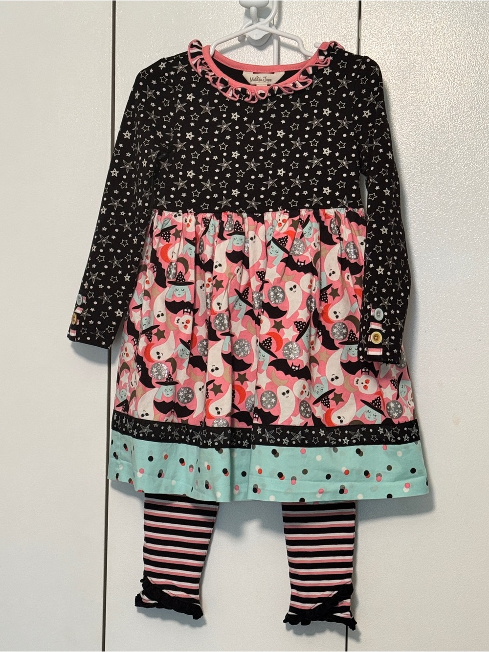 Matilda Jane Black Pink and Aqua Star & Halloween Print Dress and Leggings 4T